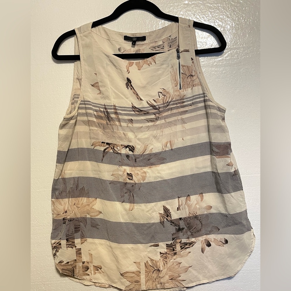 TIBI Floral Beige Sleeveless Top Size 12